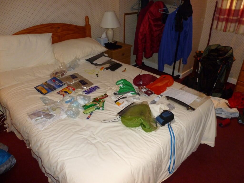 David's kit laid out on the bed at the B&B in Spean bridge