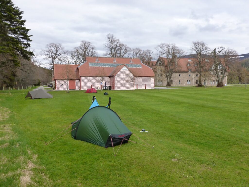 David's tent pitched on lawn at Mar Lodge