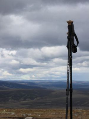 landscape with trekking poles in foreground