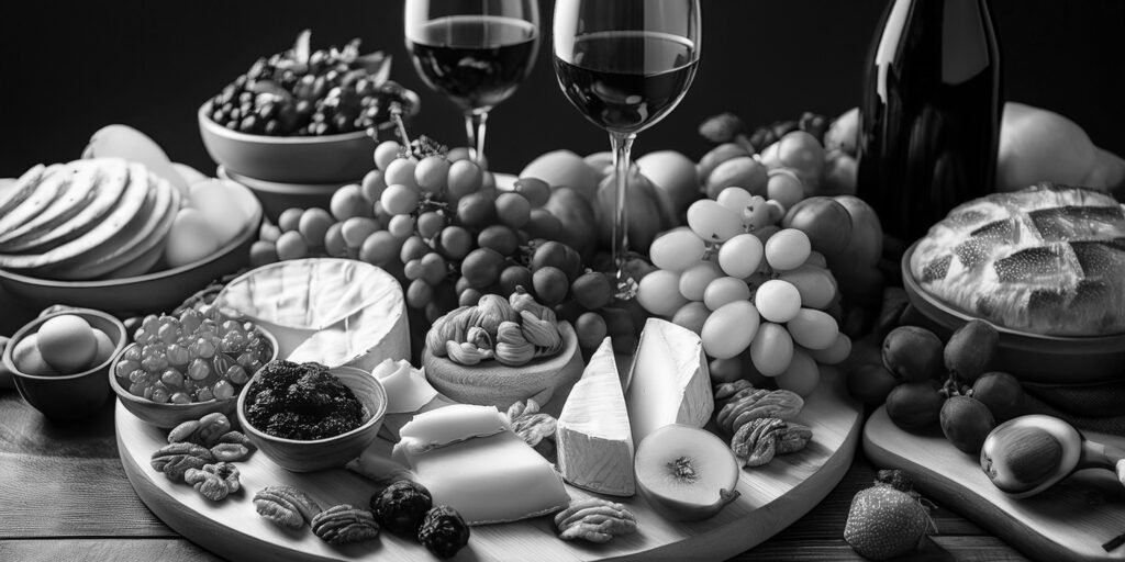 Various foods, fruits, cheeses and wines