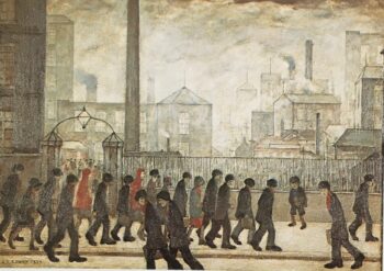 A painting of workers and factories by L S Lowry