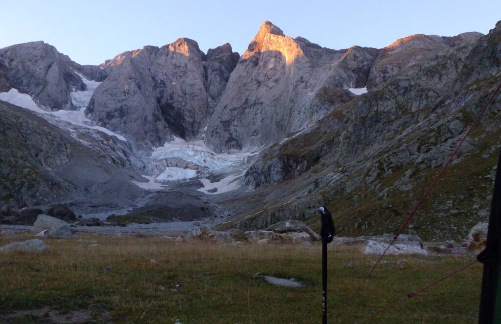 The peak of Vignamale catching the early morning sun with the glaciers below