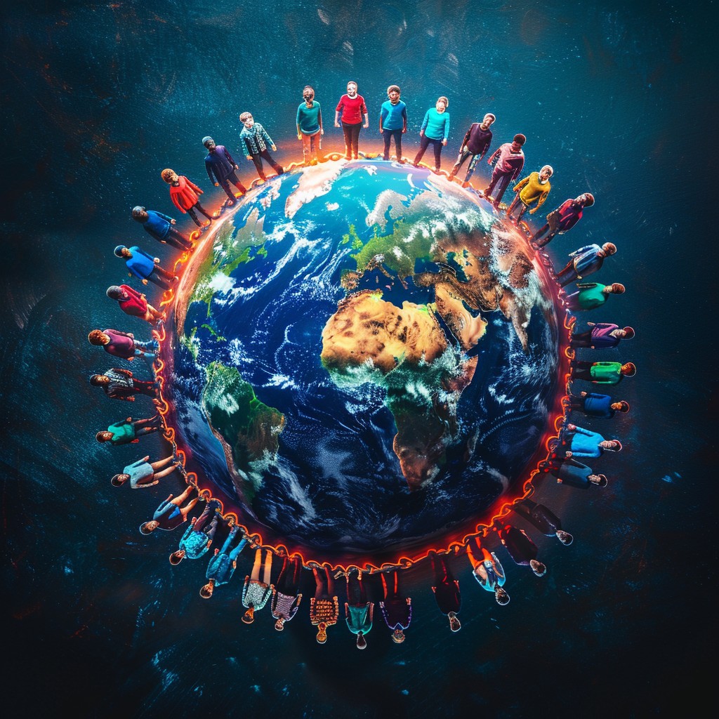 illustration of the world as a global village. The globe is surrounded by multi-ethnic people all connected to each other with glowing cables.
