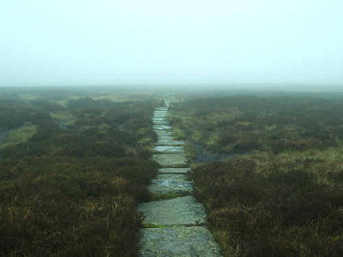 Slabbed path over Ickornshaw moor in mist