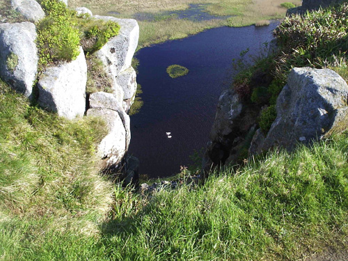 Looking down on a tarn with two swans