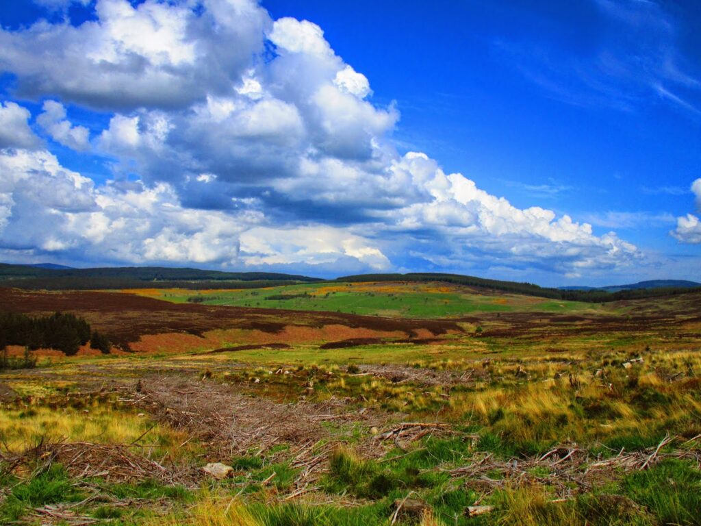 A view of open moorland and distant hills