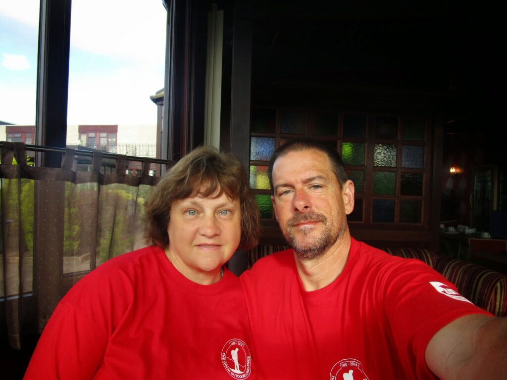 Vicky and Craig selfie wearing their Challenge tee shirts