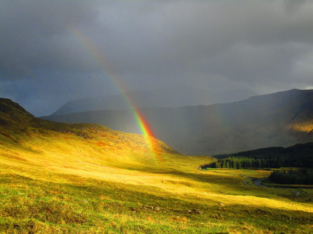 Stunning rainbow touching earth in evening light