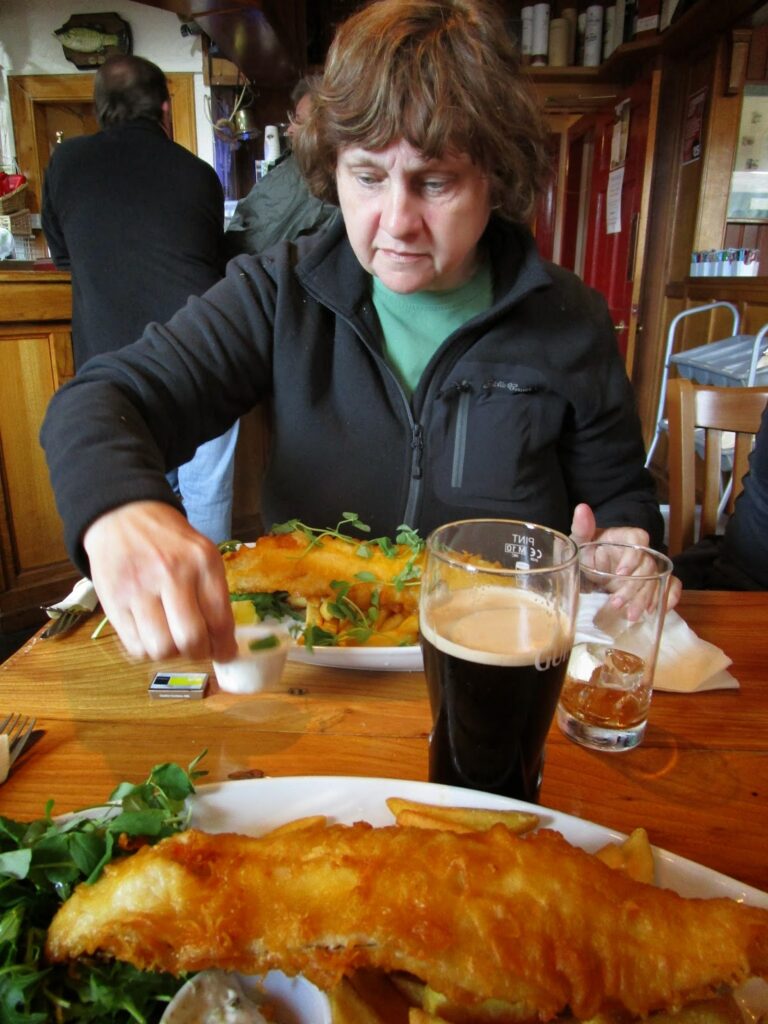 Vicky enjoying her fish and chips